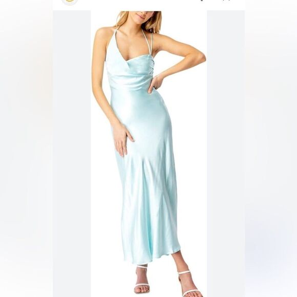 Bardot Astrid Midi Slip Dress in Mint blue satin Revolve New L - Picture 2 of 12